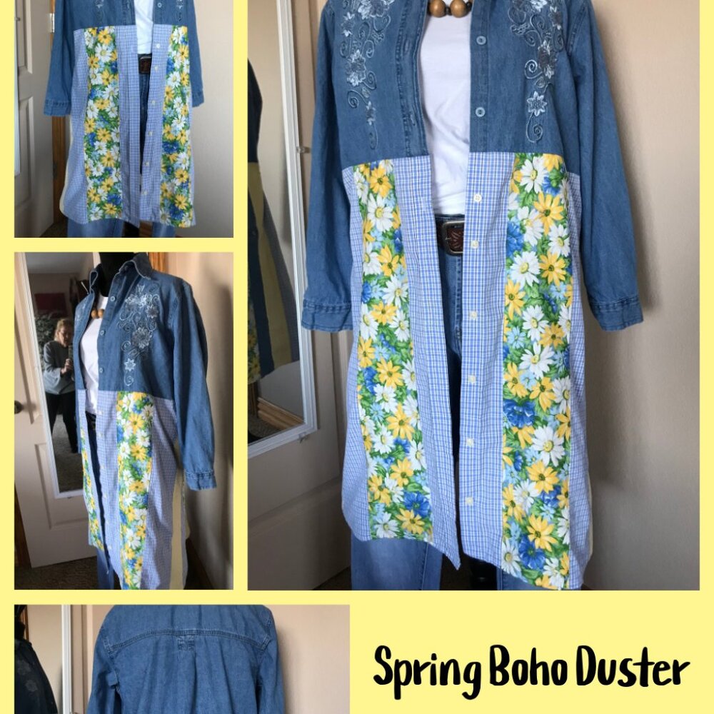 Patchwork Denim Duster, Upcycled Boho Layering Jacket Spring Daisies Size Large - Picture 14 of 14